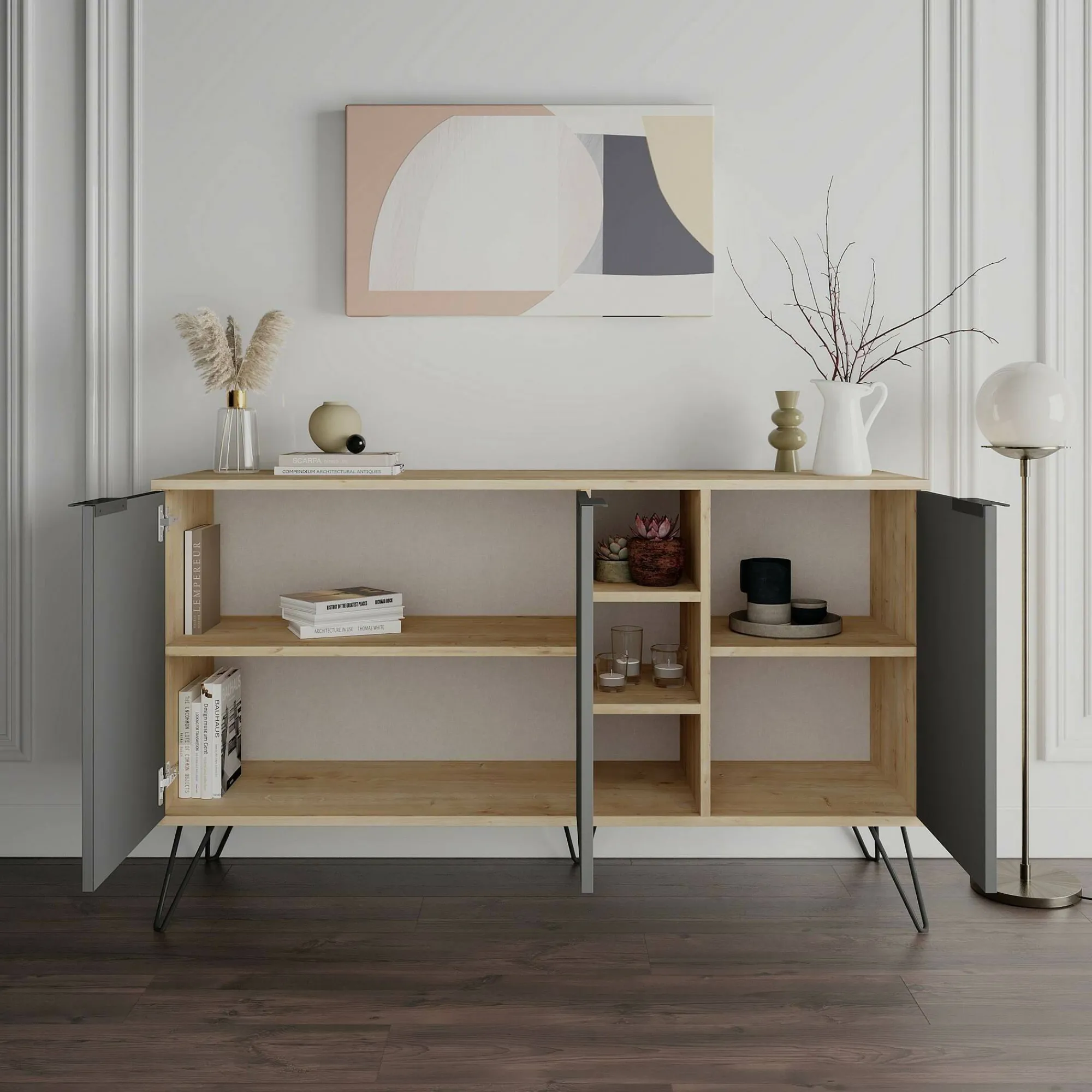 Credenza Alin, 142x36h83 cm, Quercia e Antracite<Dmora Best