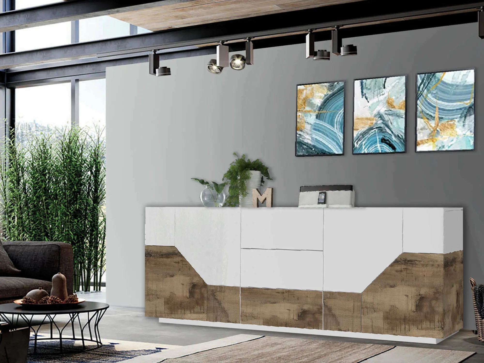 Credenza Almira, cm 220x43h86, Bianco lucido e Acero<Dmora Store
