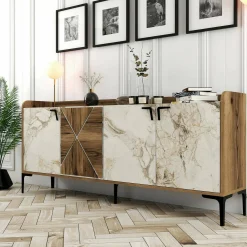Credenza Also, 180x35h78 cm, Noce e Bianco Marmo<Dmora Best Sale