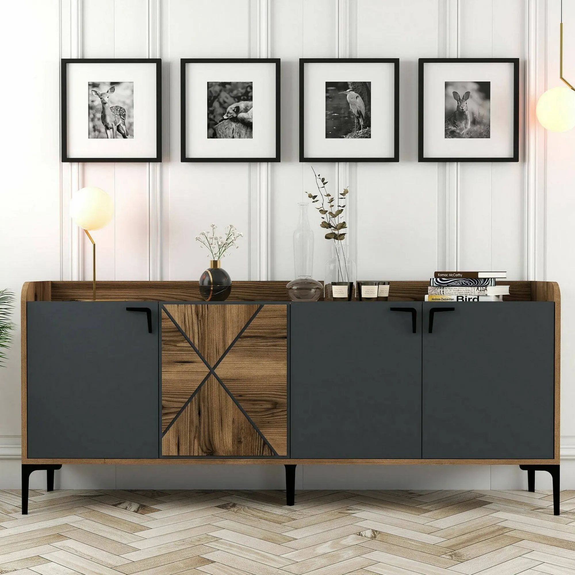 Credenza Also, 180x35h78 cm, Noce e Antracite<Dmora Cheap