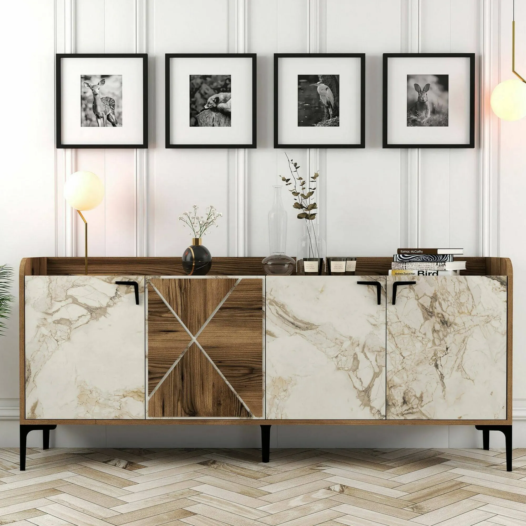 Credenza Also, 180x35h78 cm, Noce e Bianco Marmo<Dmora Best Sale