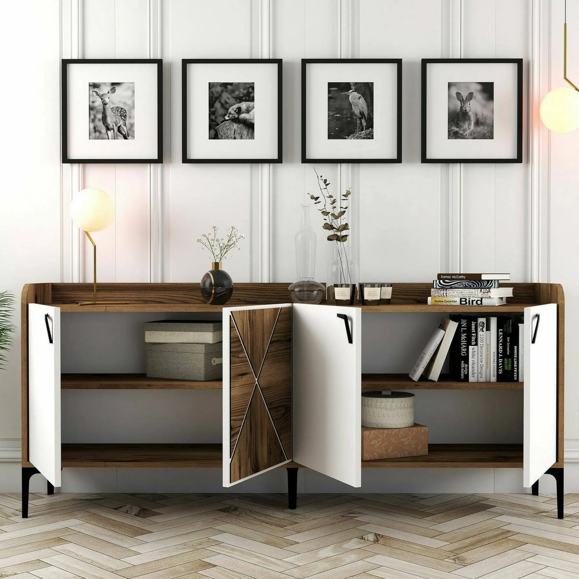 Credenza Also, 180x35h78 cm, Noce e Bianco<Dmora Best Sale