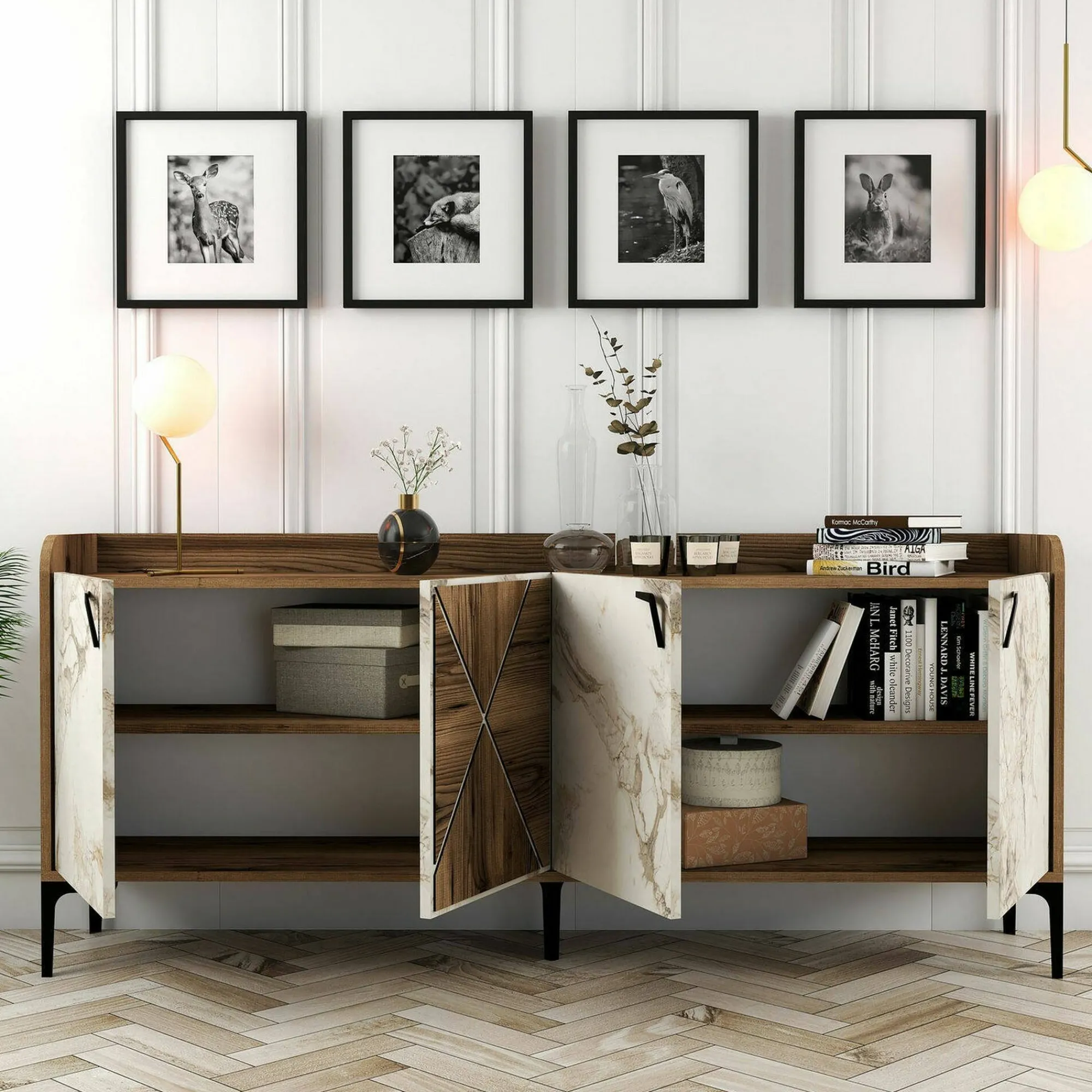 Credenza Also, 180x35h78 cm, Noce e Bianco Marmo<Dmora Best Sale