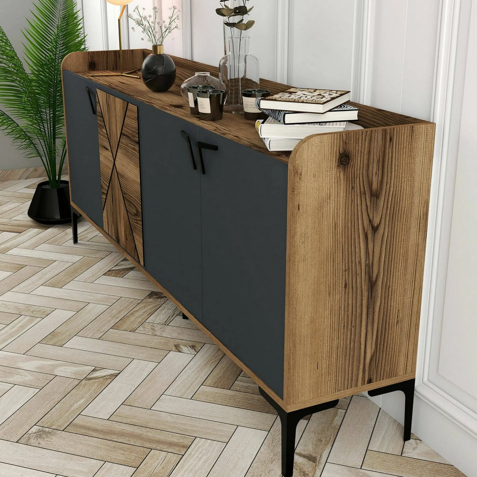 Credenza Also, 180x35h78 cm, Noce e Antracite<Dmora Cheap