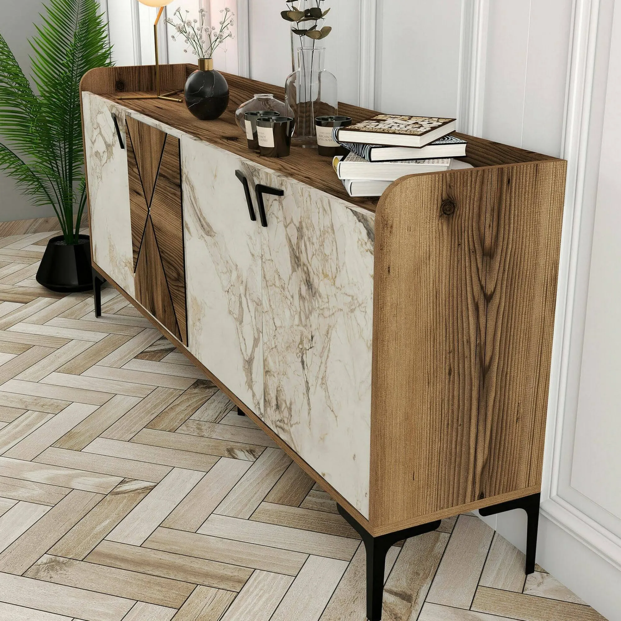 Credenza Also, 180x35h78 cm, Noce e Bianco Marmo<Dmora Best Sale