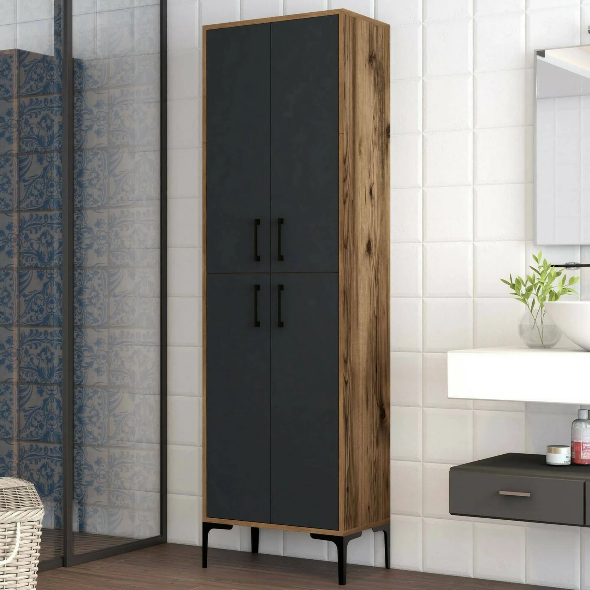 Credenza Amata, 60x35h200 cm, Noce e Antracite<Dmora Sale