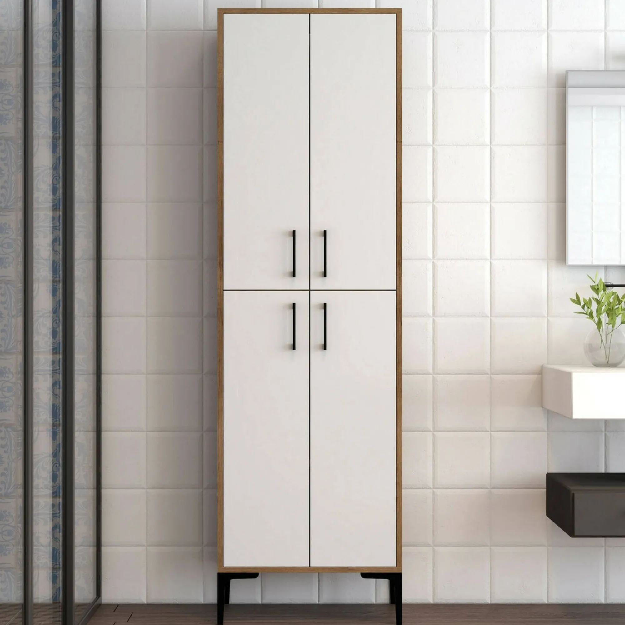 Credenza Amata, 60x35h200 cm, Noce e Bianco<Dmora Clearance