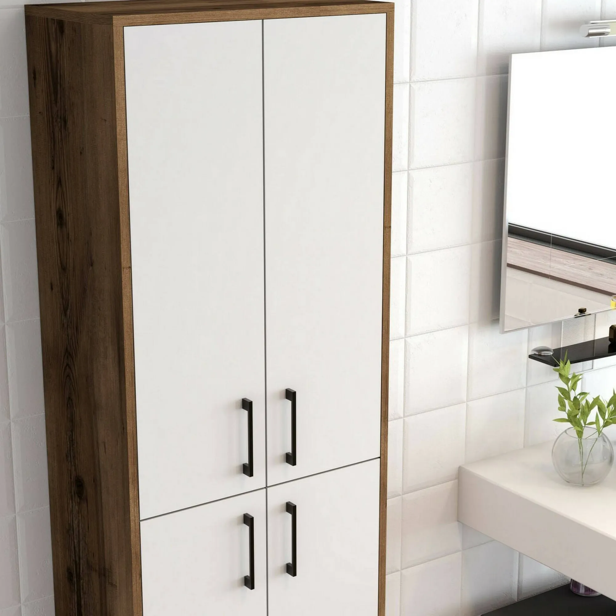 Credenza Amata, 60x35h200 cm, Noce e Bianco<Dmora Clearance