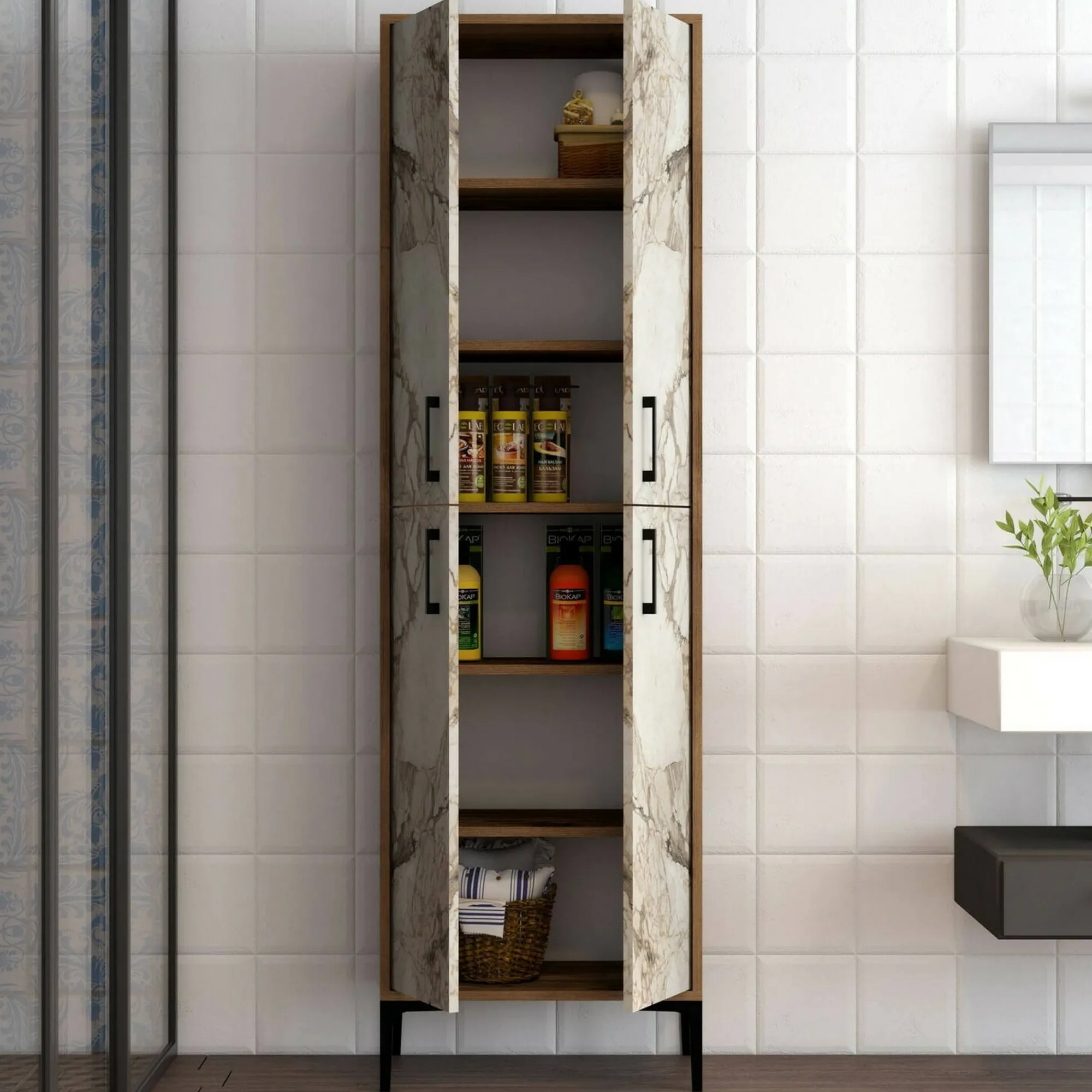 Credenza Amata, 60x35h200 cm, Noce e Bianco Marmo<Dmora Cheap