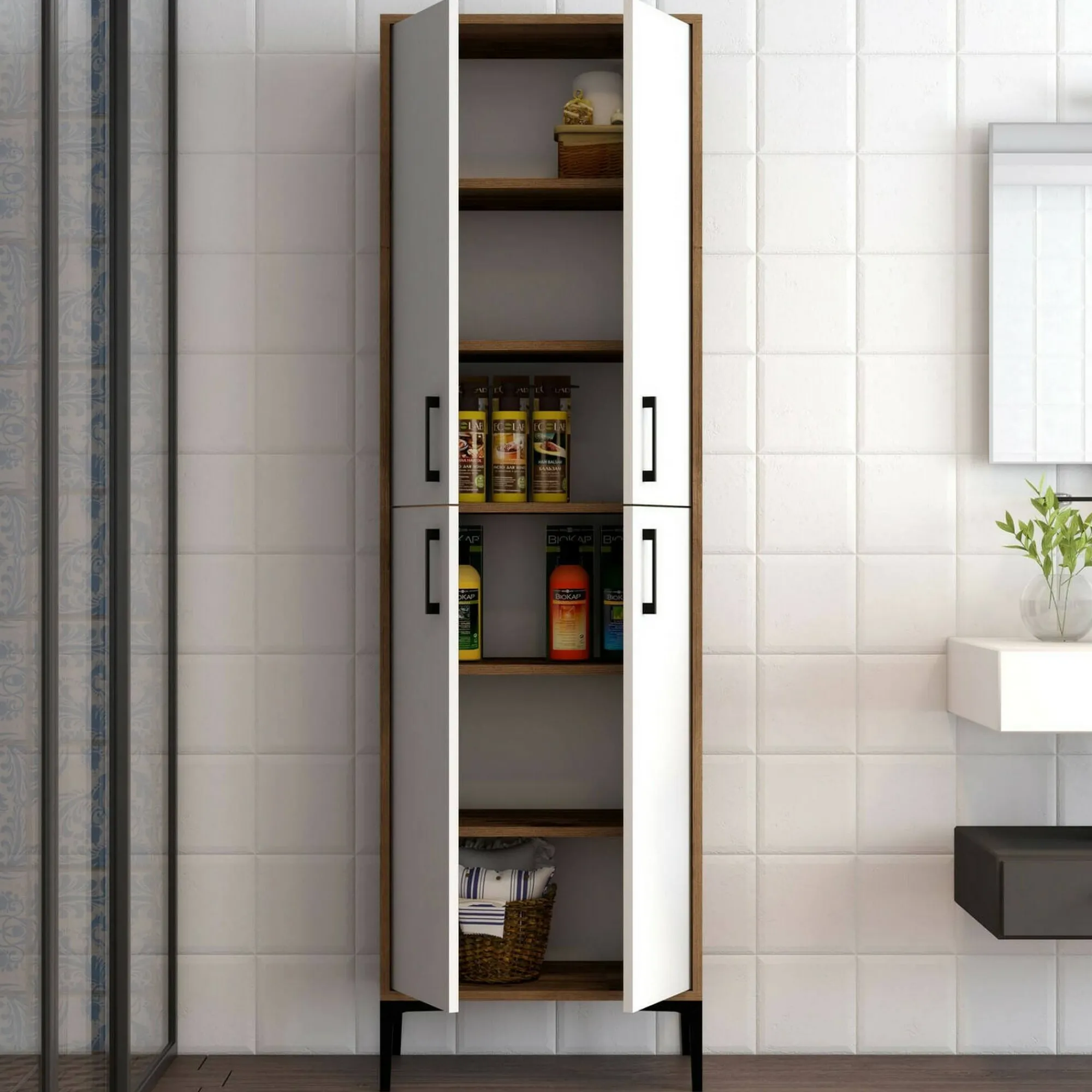 Credenza Amata, 60x35h200 cm, Noce e Bianco<Dmora Clearance