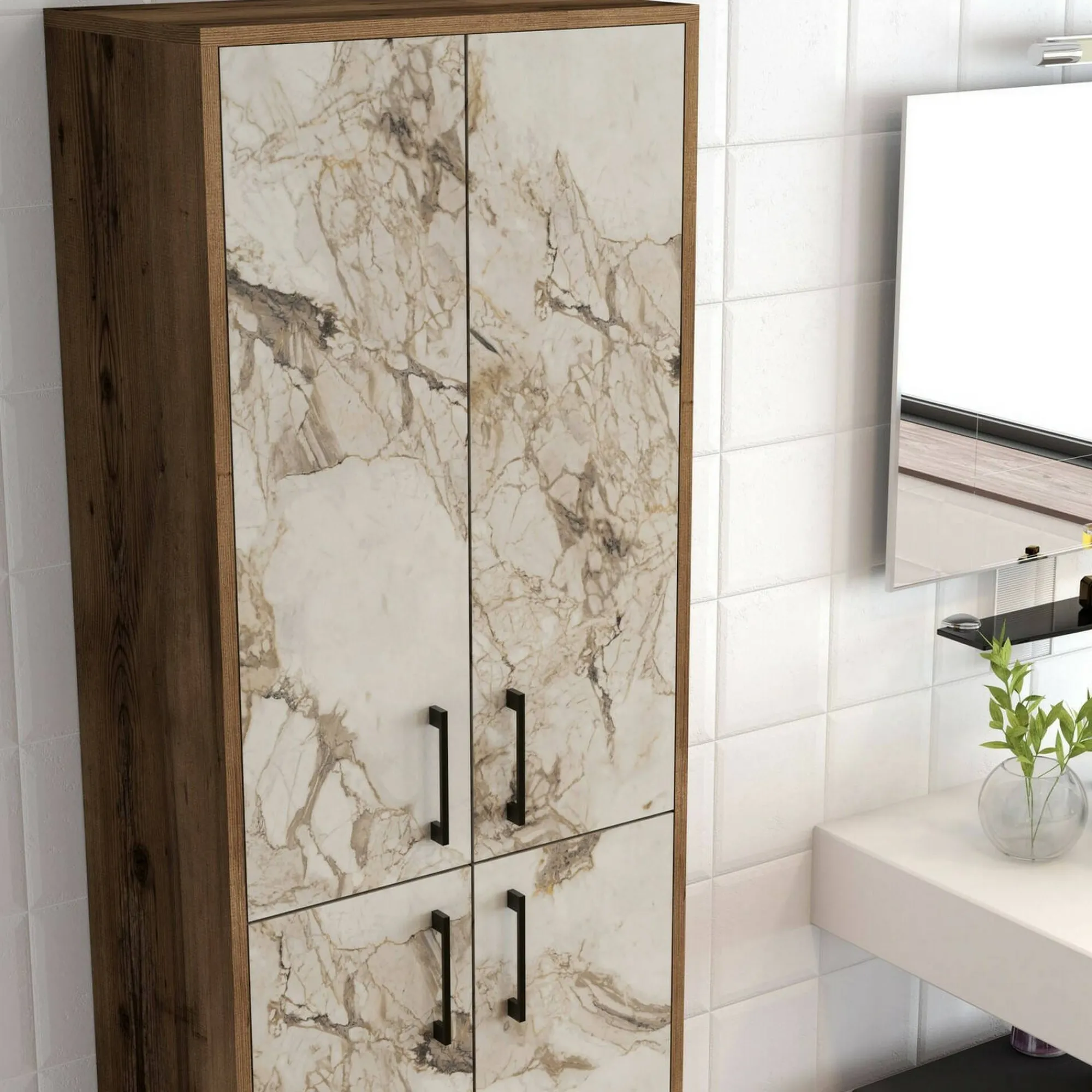 Credenza Amata, 60x35h200 cm, Noce e Bianco Marmo<Dmora Cheap