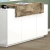 Credenza Angelis, cm 140x45h86, Bianco lucido e Acero<Dmora Best Sale