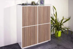 Credenza Ara, cm 100x41h126, Bianco lucido e Noce<Dmora Outlet
