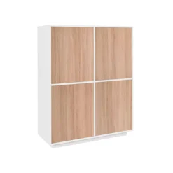 Credenza Ara, cm 100x41h126, Bianco lucido e Noce<Dmora Outlet