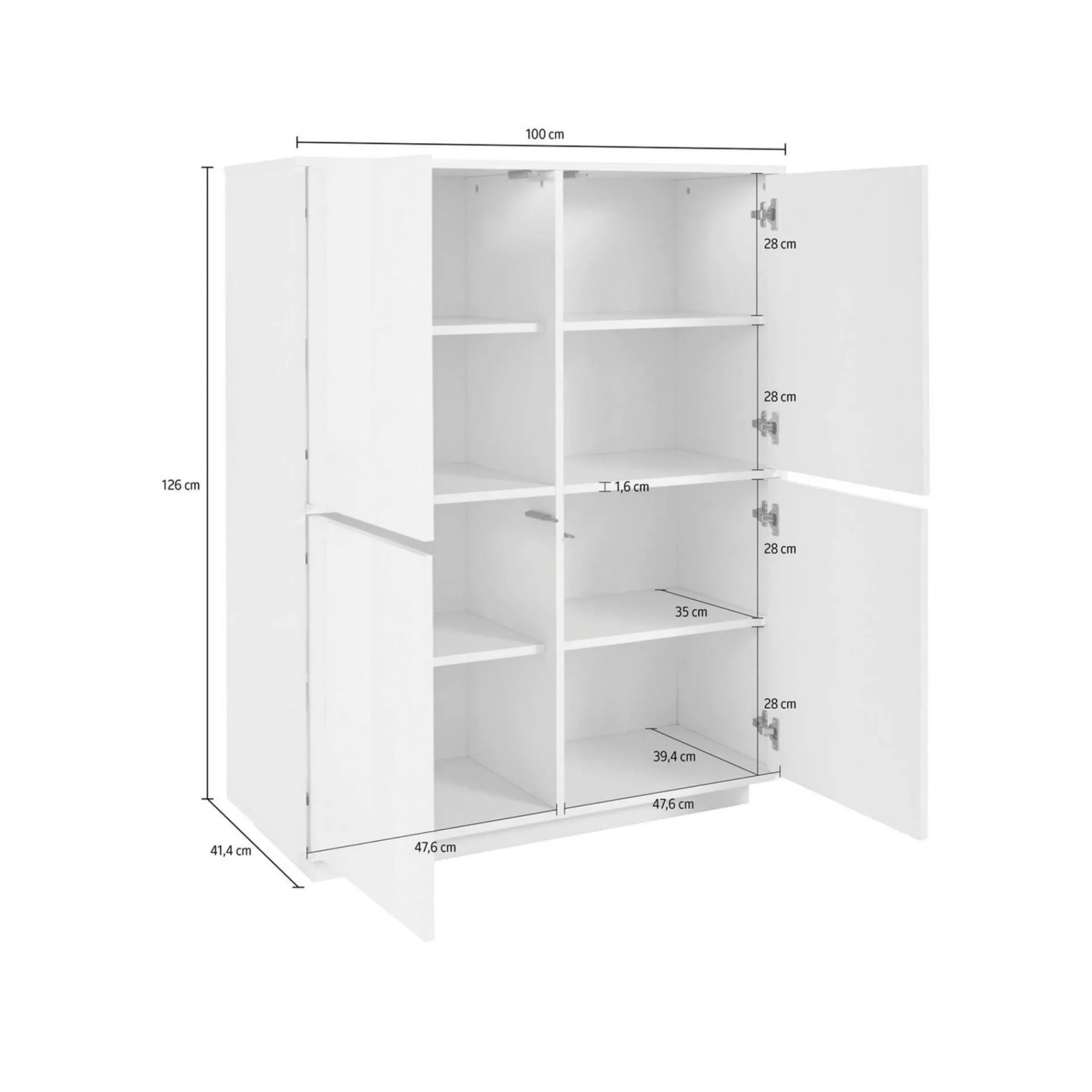 Credenza Ara, cm 100x41h126, Bianco lucido e Noce<Dmora Outlet