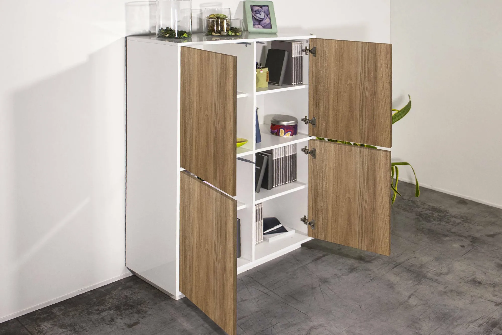 Credenza Ara, cm 100x41h126, Bianco lucido e Noce<Dmora Outlet
