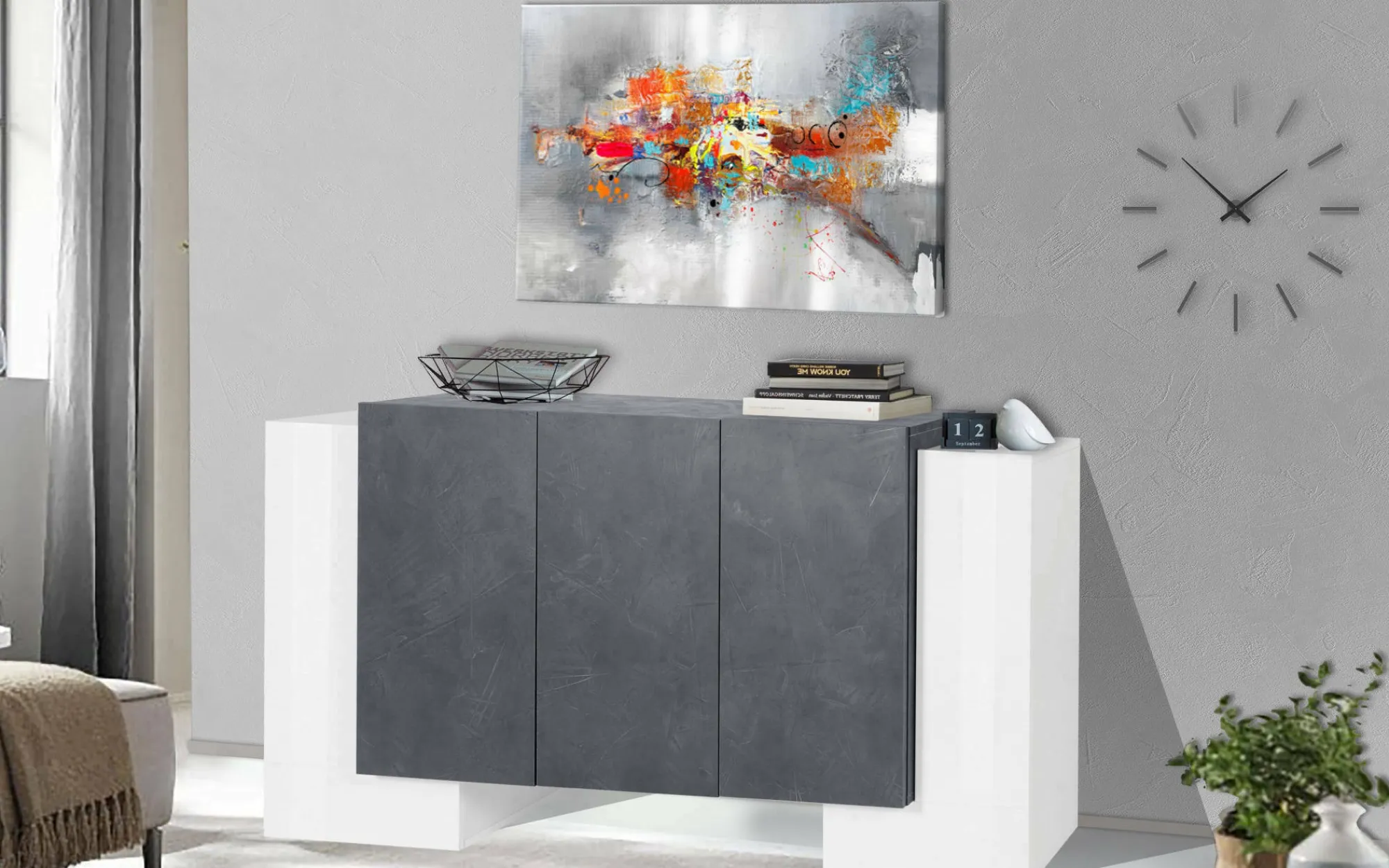 Credenza Arek, cm 170x45h85, Bianco lucido e Ardesia<Dmora Sale