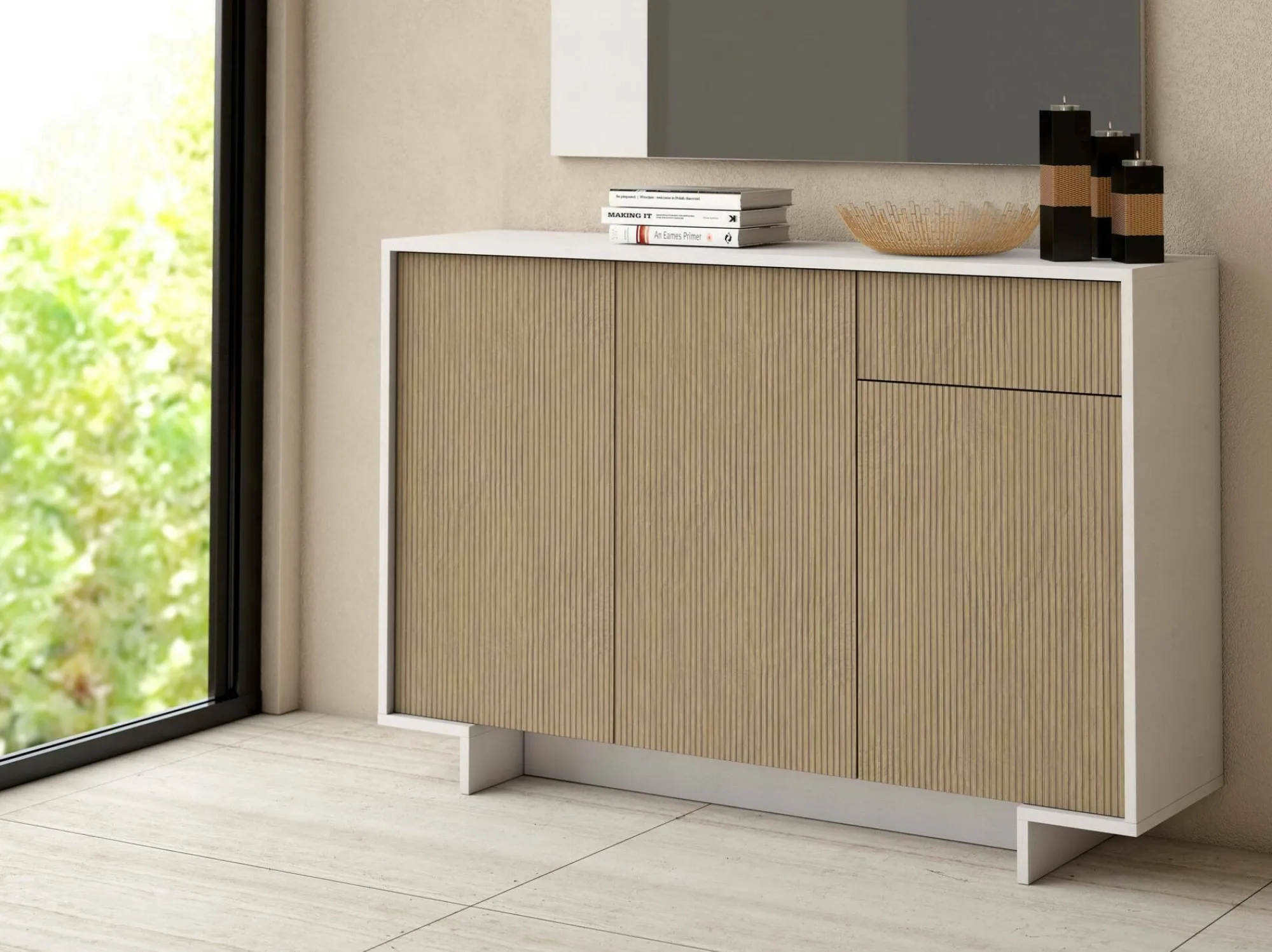 Credenza Arius, 134x35h87 cm, Bianco e Beige<Dmora New