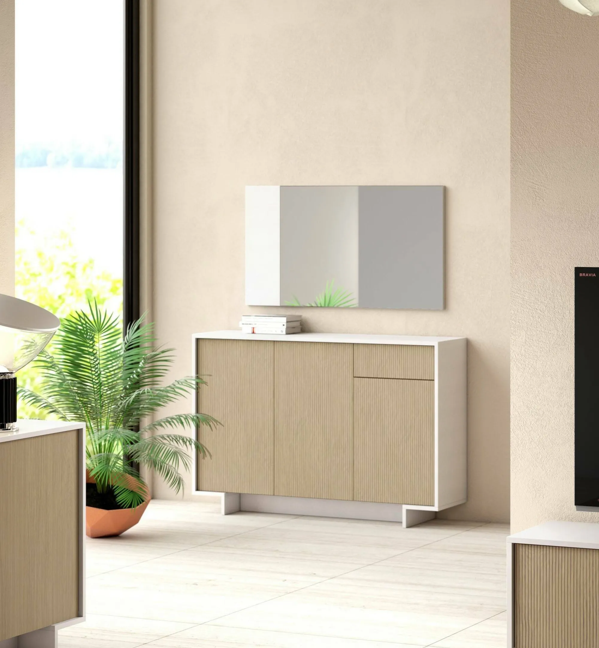 Credenza Arius, 134x35h87 cm, Bianco e Beige<Dmora New
