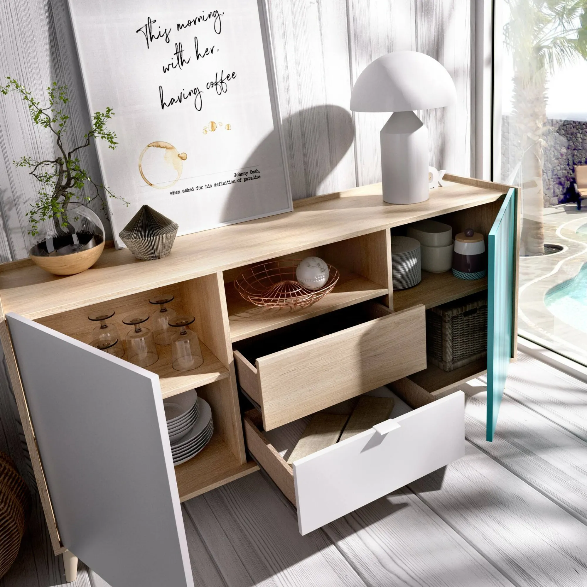 Credenza Asa, 155x43h75 cm, Bianco e Rovere<Dmora Fashion