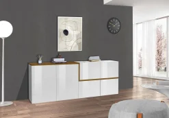 Credenza Asaba, cm 210x40h80, Bianco lucido e Acero<Dmora Discount