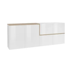 Credenza Asaba, cm 210x40h80, Bianco lucido e Acero<Dmora Discount