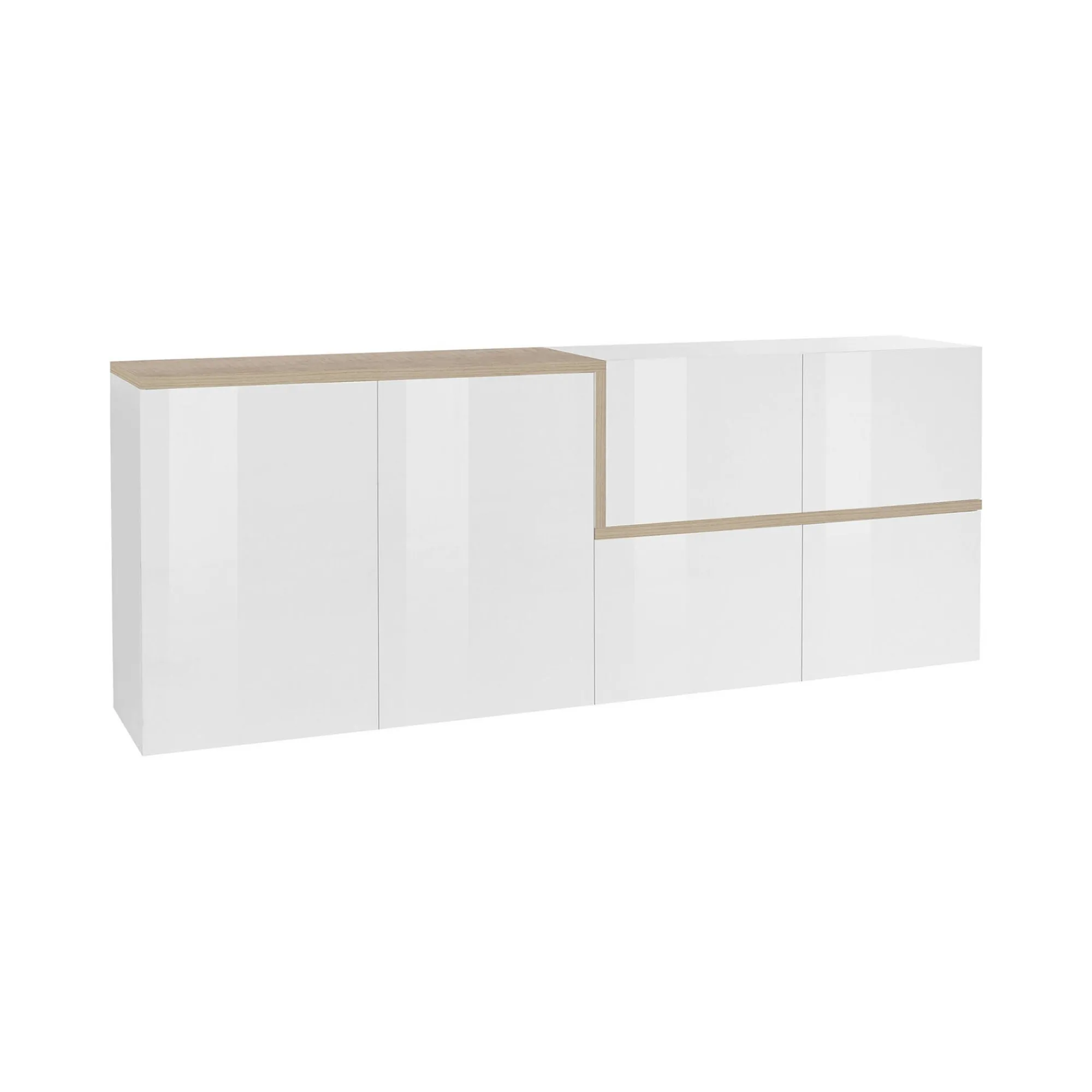 Credenza Asaba, cm 210x40h80, Bianco lucido e Acero<Dmora Discount