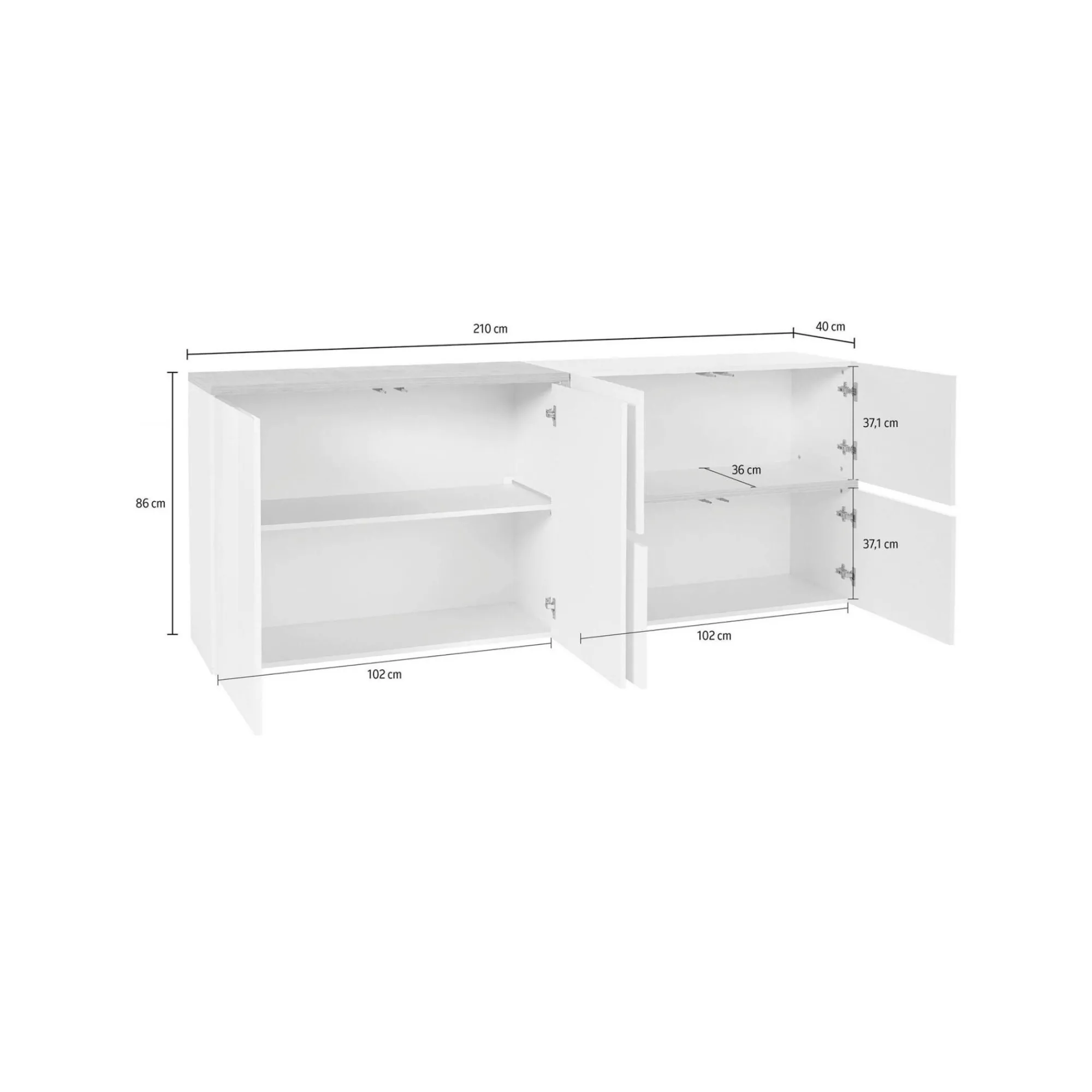 Credenza Asaba, cm 210x40h80, Bianco lucido e Acero<Dmora Discount