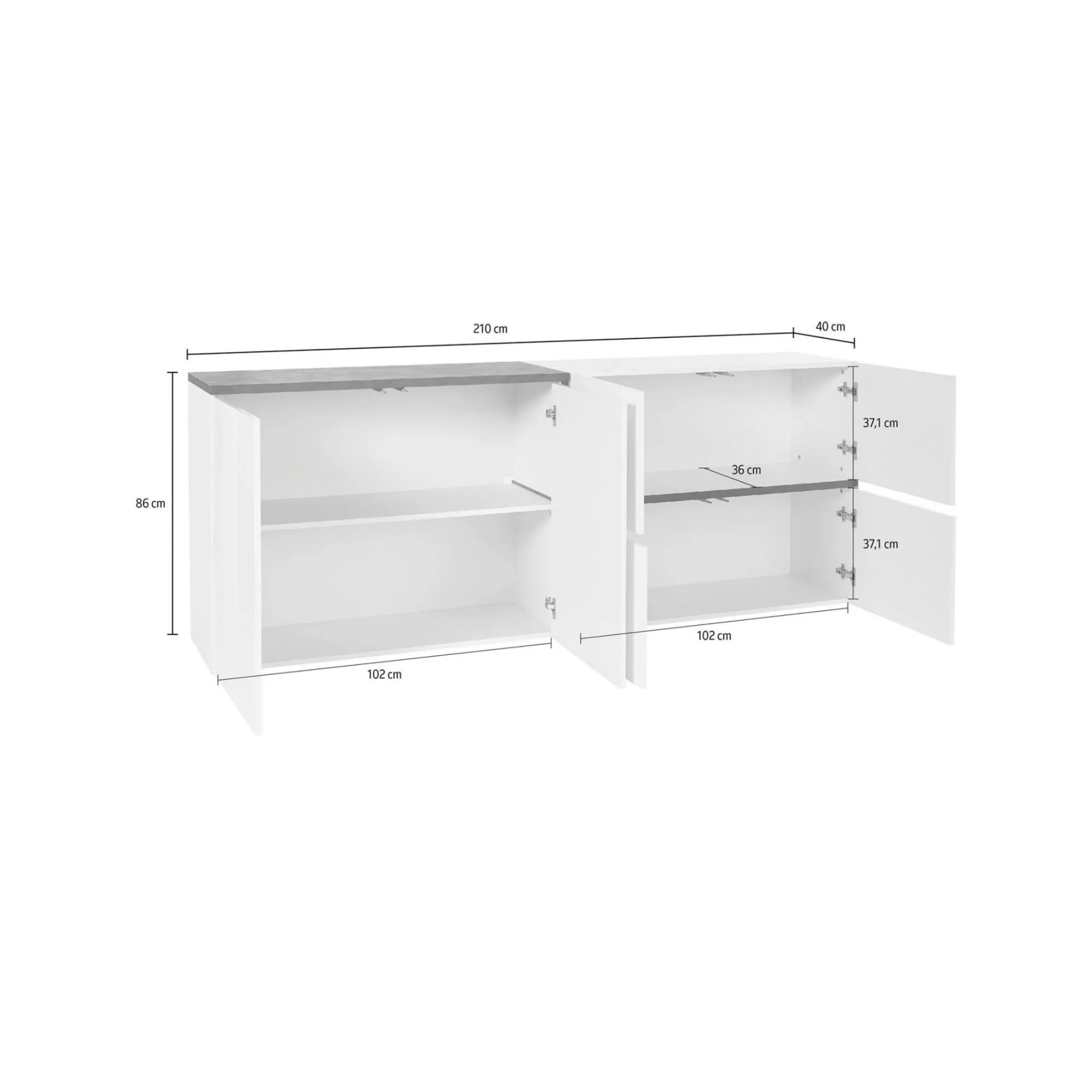 Credenza Asaba, cm 210x40h80, Bianco lucido e Ardesia<Dmora Sale