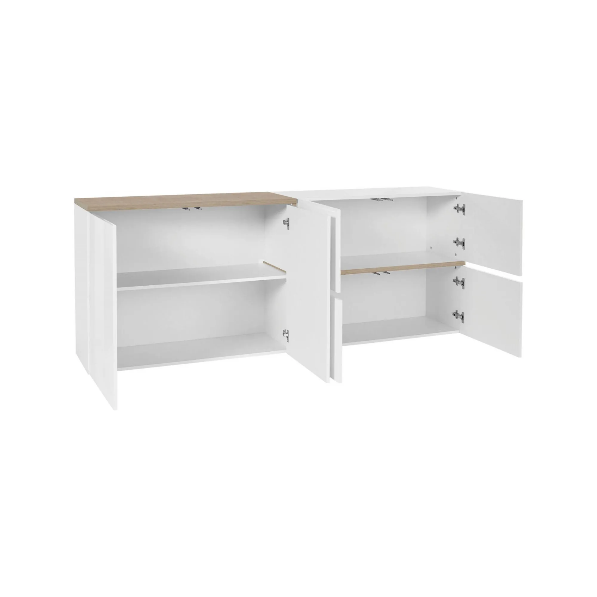 Credenza Asaba, cm 210x40h80, Bianco lucido e Acero<Dmora Discount