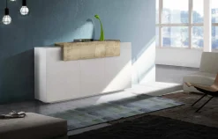Credenza Aschly, cm 160x45h86, Bianco lucido e Acero<Dmora Cheap