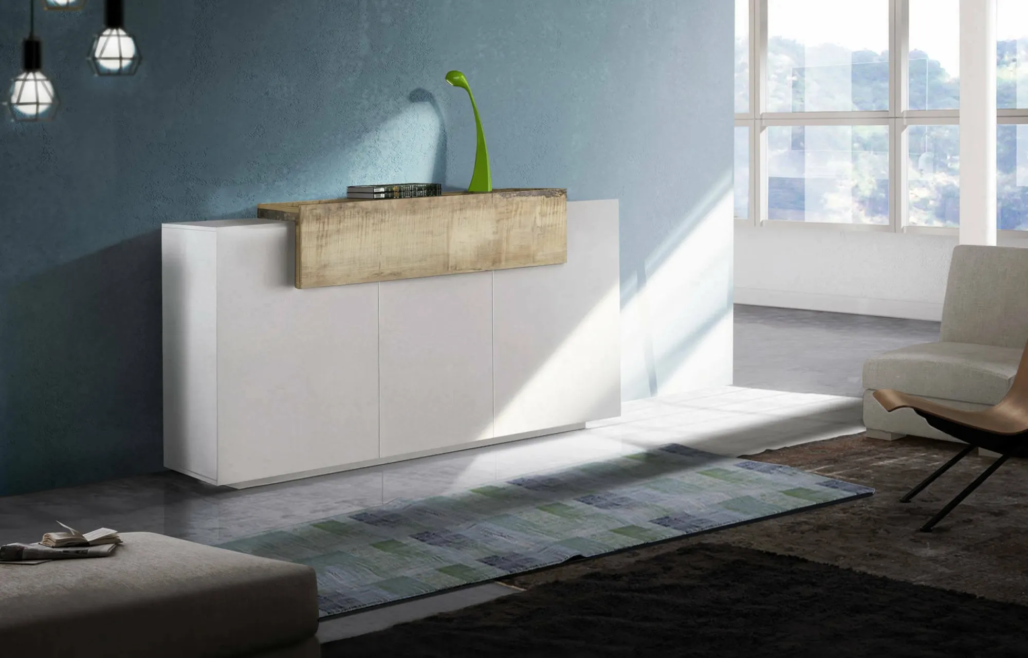 Credenza Aschly, cm 160x45h86, Bianco lucido e Acero<Dmora Cheap