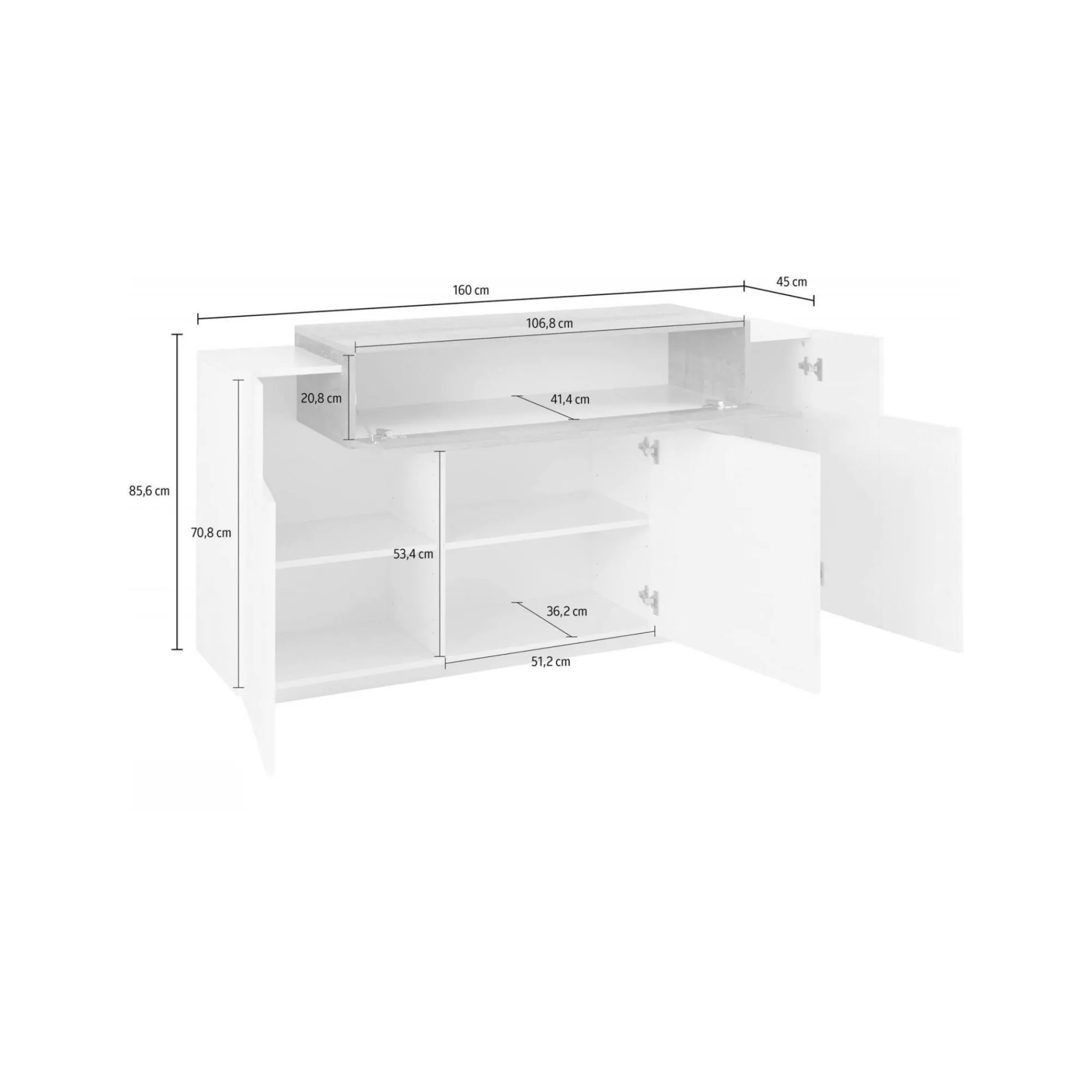 Credenza Aschly, cm 160x45h86, Bianco lucido e Acero<Dmora Cheap