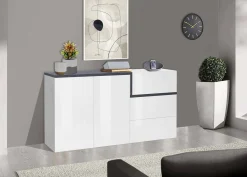 Credenza Asgard, cm 150x40h80, Bianco lucido e Ardesia<Dmora Clearance