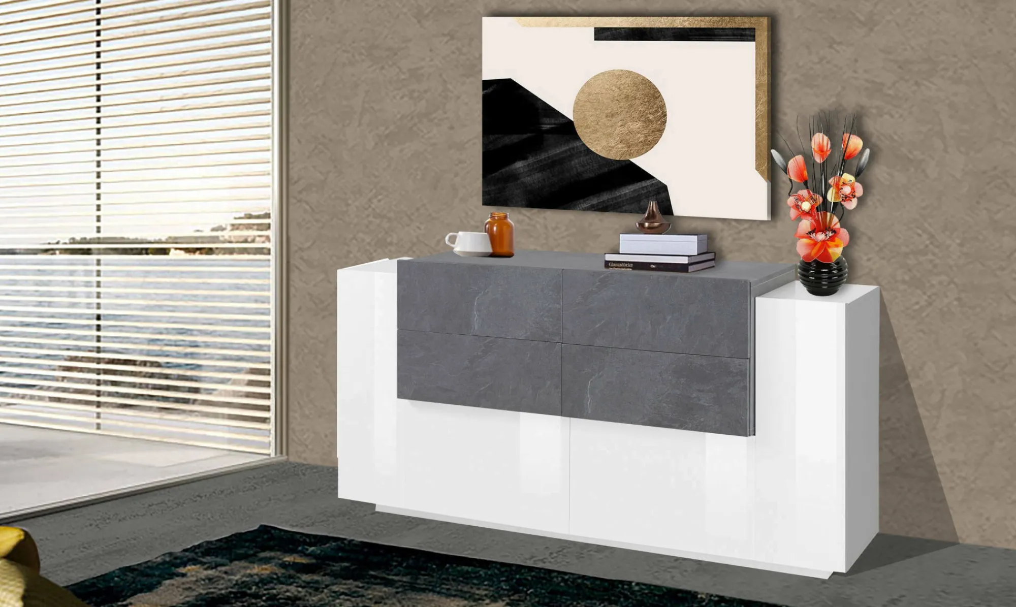 Credenza Ashi, cm 160x45h86, Bianco lucido e Ardesia<Dmora Shop
