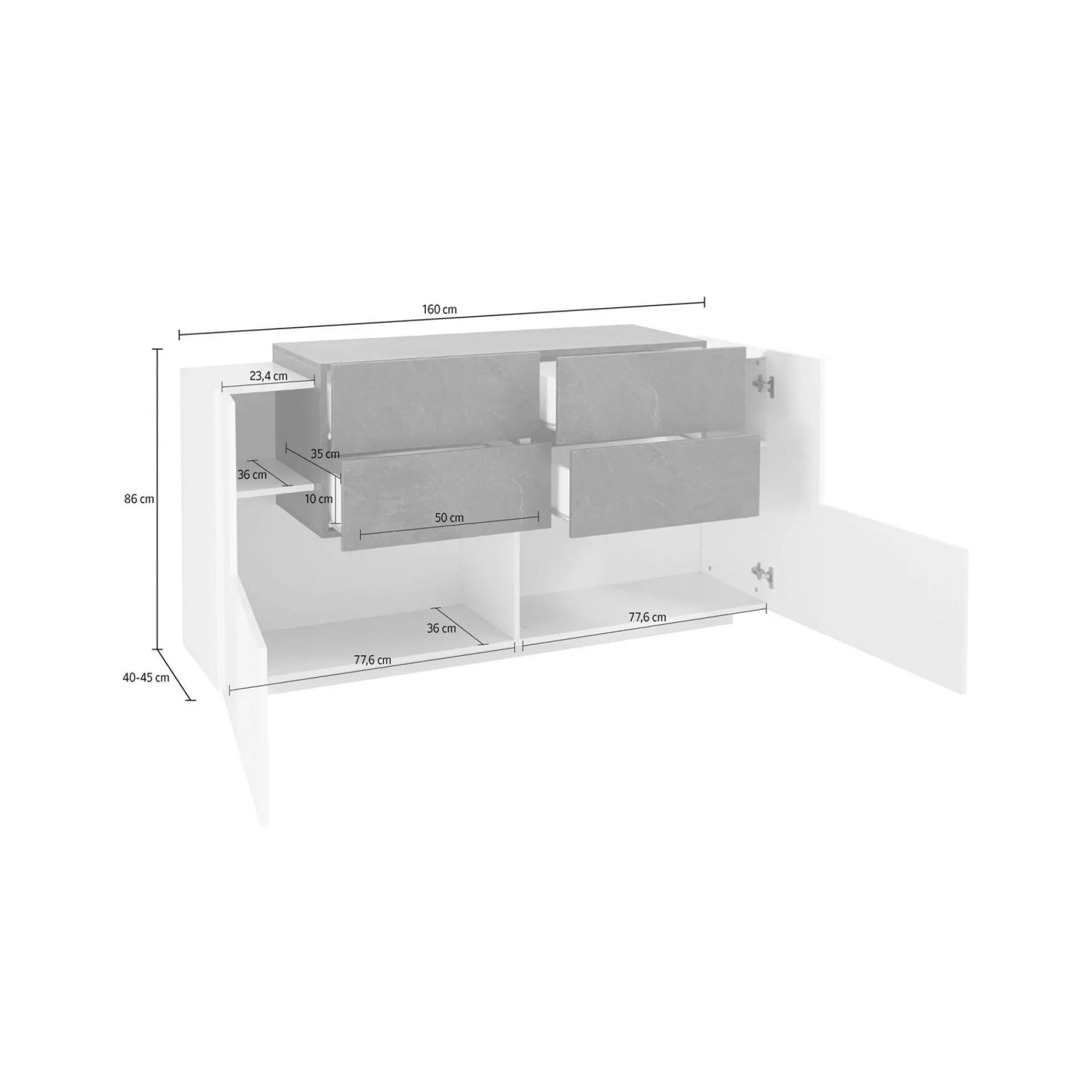 Credenza Ashi, cm 160x45h86, Bianco lucido e Ardesia<Dmora Shop