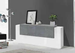 Credenza Astice, cm 200x45h86, Bianco lucido e Ardesia<Dmora Online