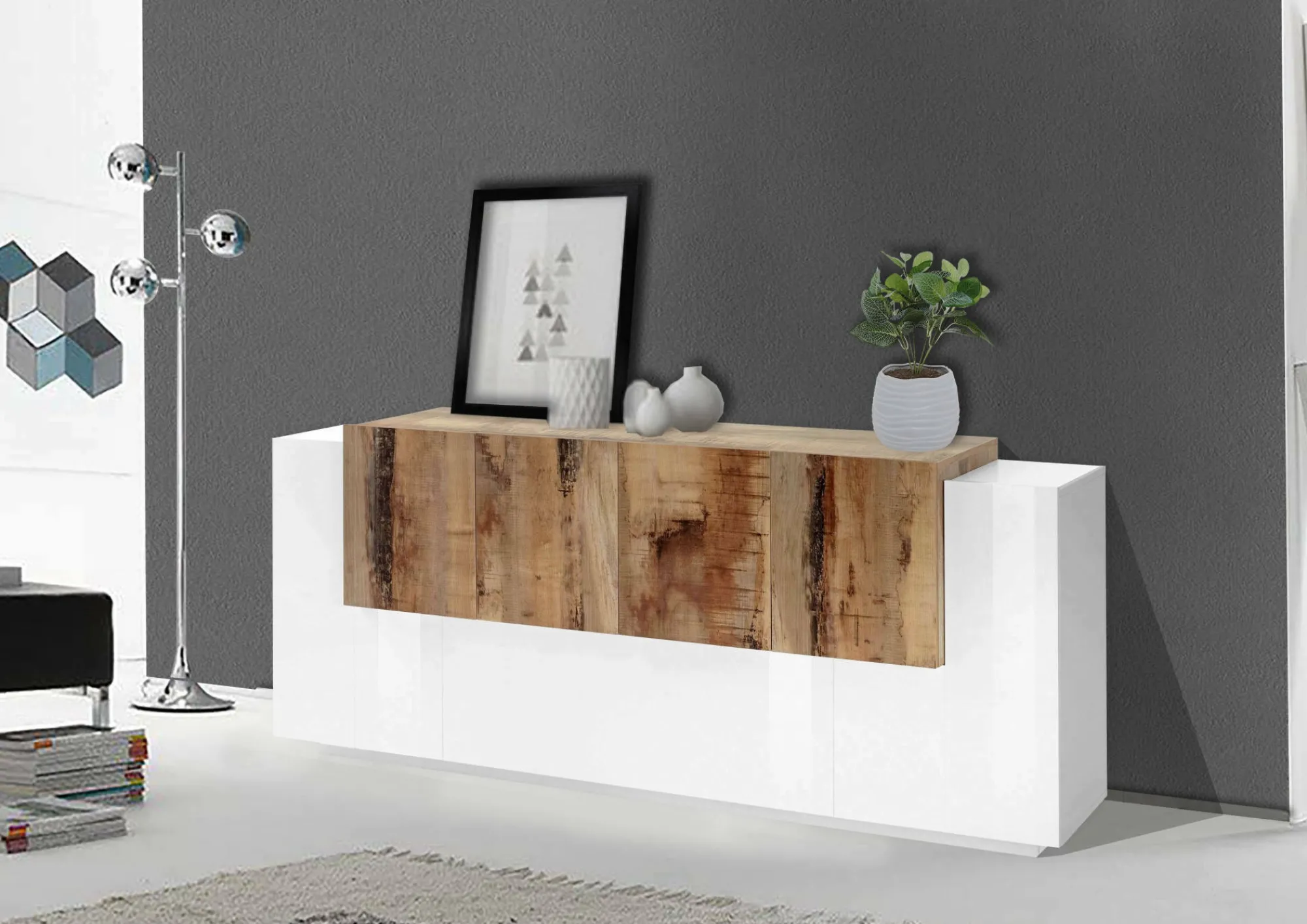 Credenza Astice, cm 200x45h86, Bianco lucido e Acero<Dmora Discount