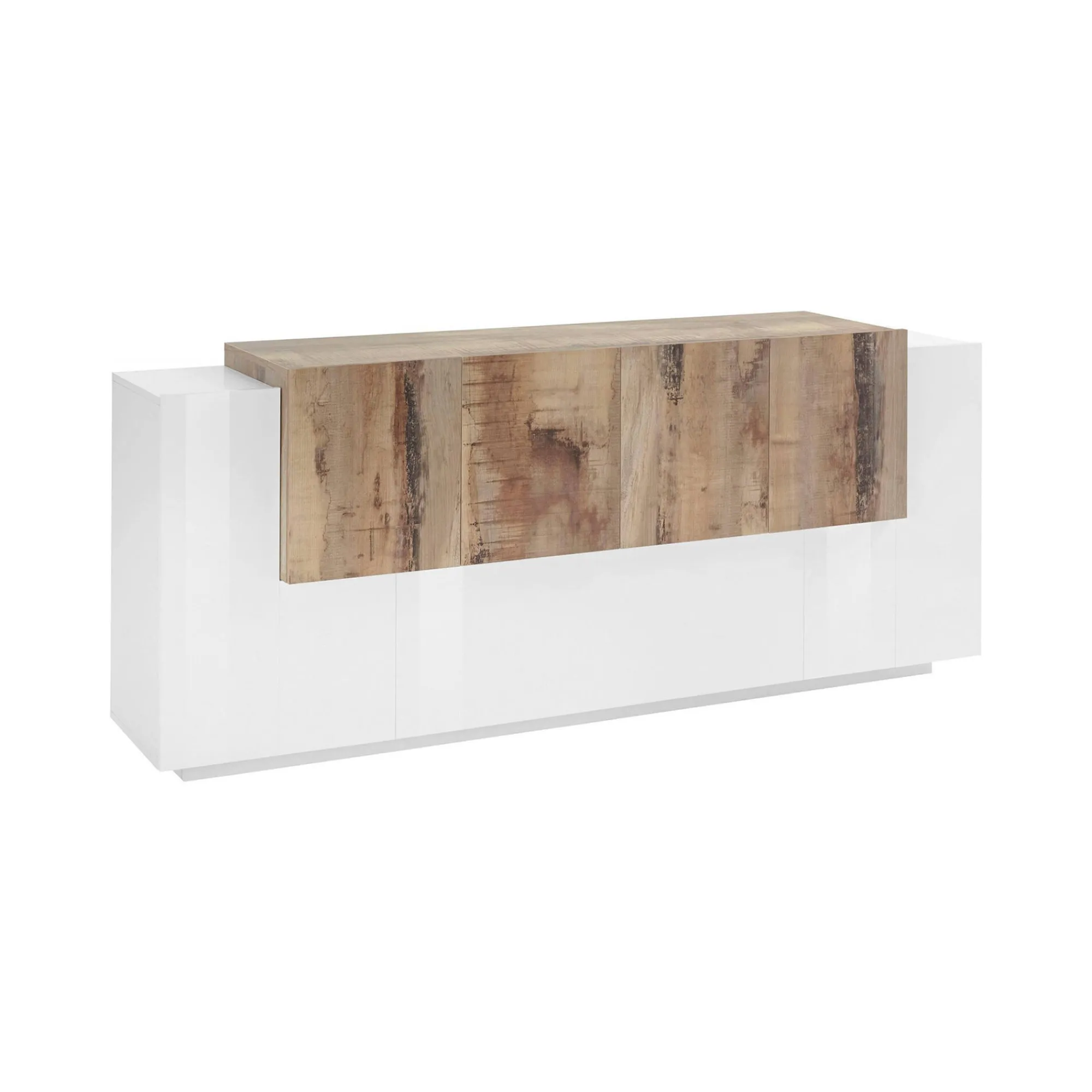 Credenza Astice, cm 200x45h86, Bianco lucido e Acero<Dmora Discount