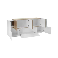 Credenza Astice, cm 200x45h86, Bianco lucido e Acero<Dmora Discount