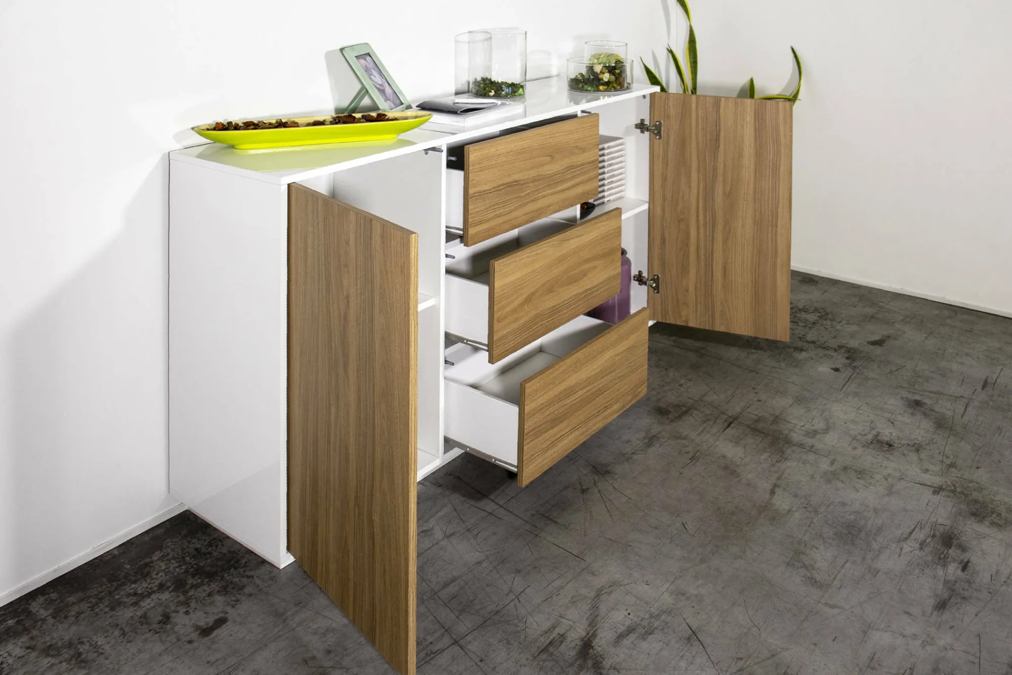 Credenza Aysha, cm 160x41h86, Bianco lucido e Noce<Dmora Flash Sale