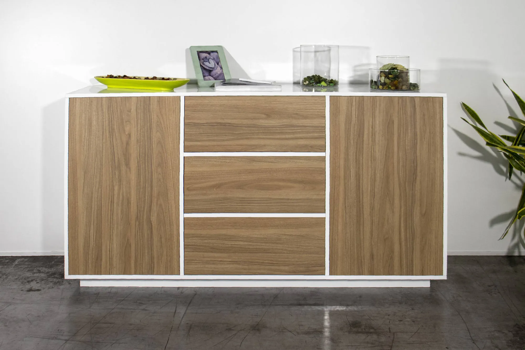 Credenza Aysha, cm 160x41h86, Bianco lucido e Noce<Dmora Flash Sale