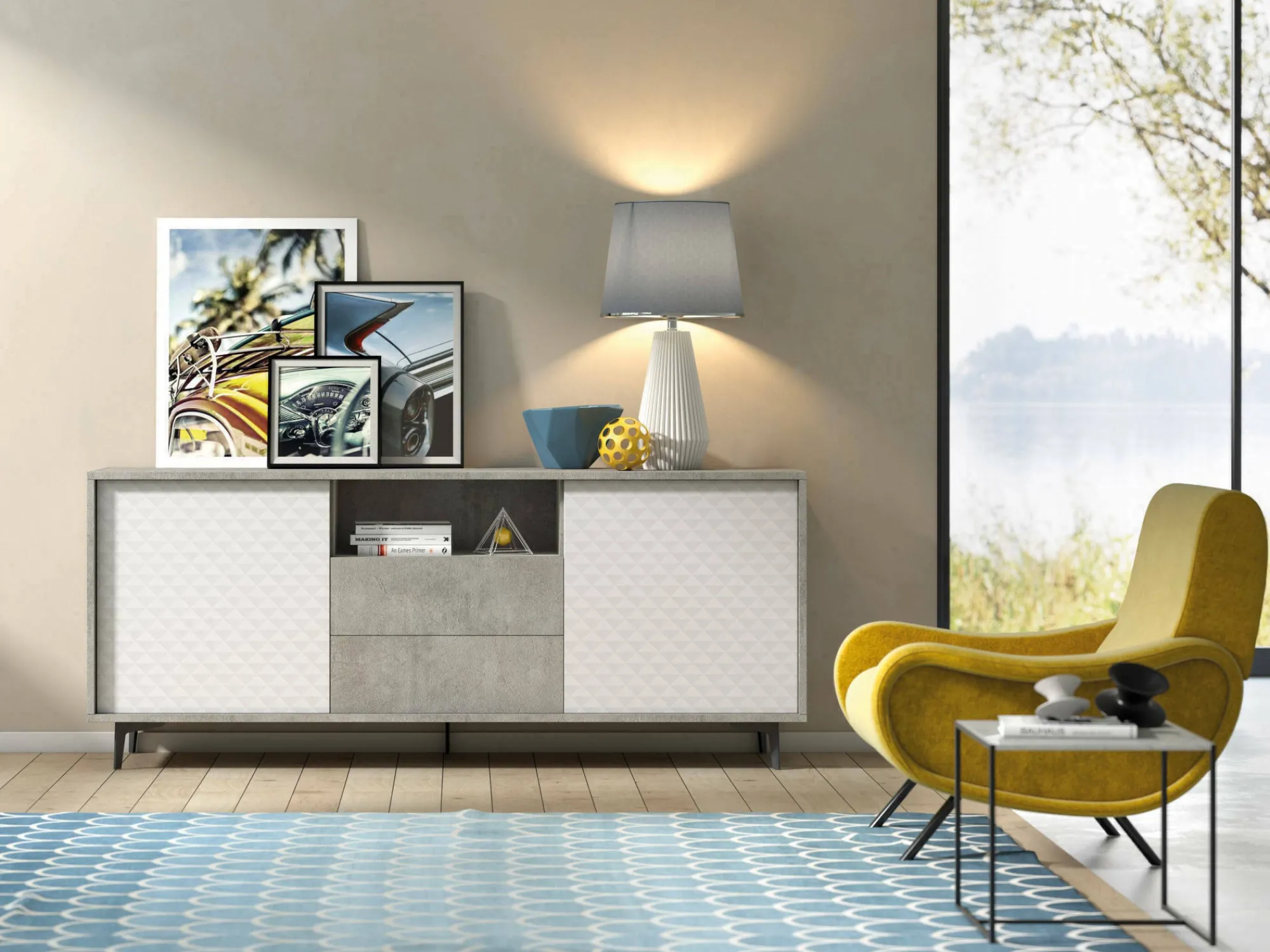 Credenza Azis, 184x45h77 cm, Bianco e Cemento<Dmora Hot