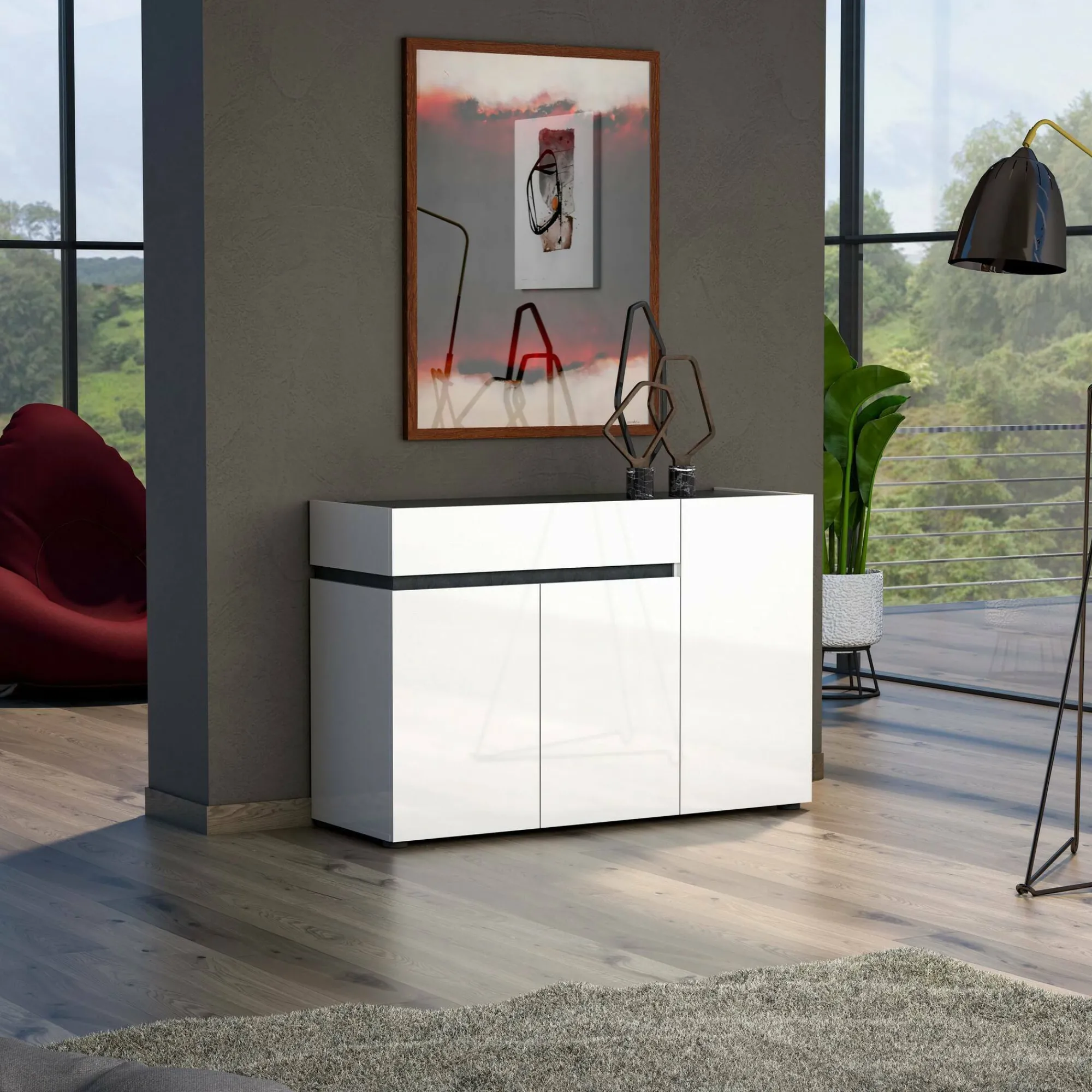 Credenza Bajardo, 120x42h80 cm, Bianco lucido e Antracite<Dmora Fashion