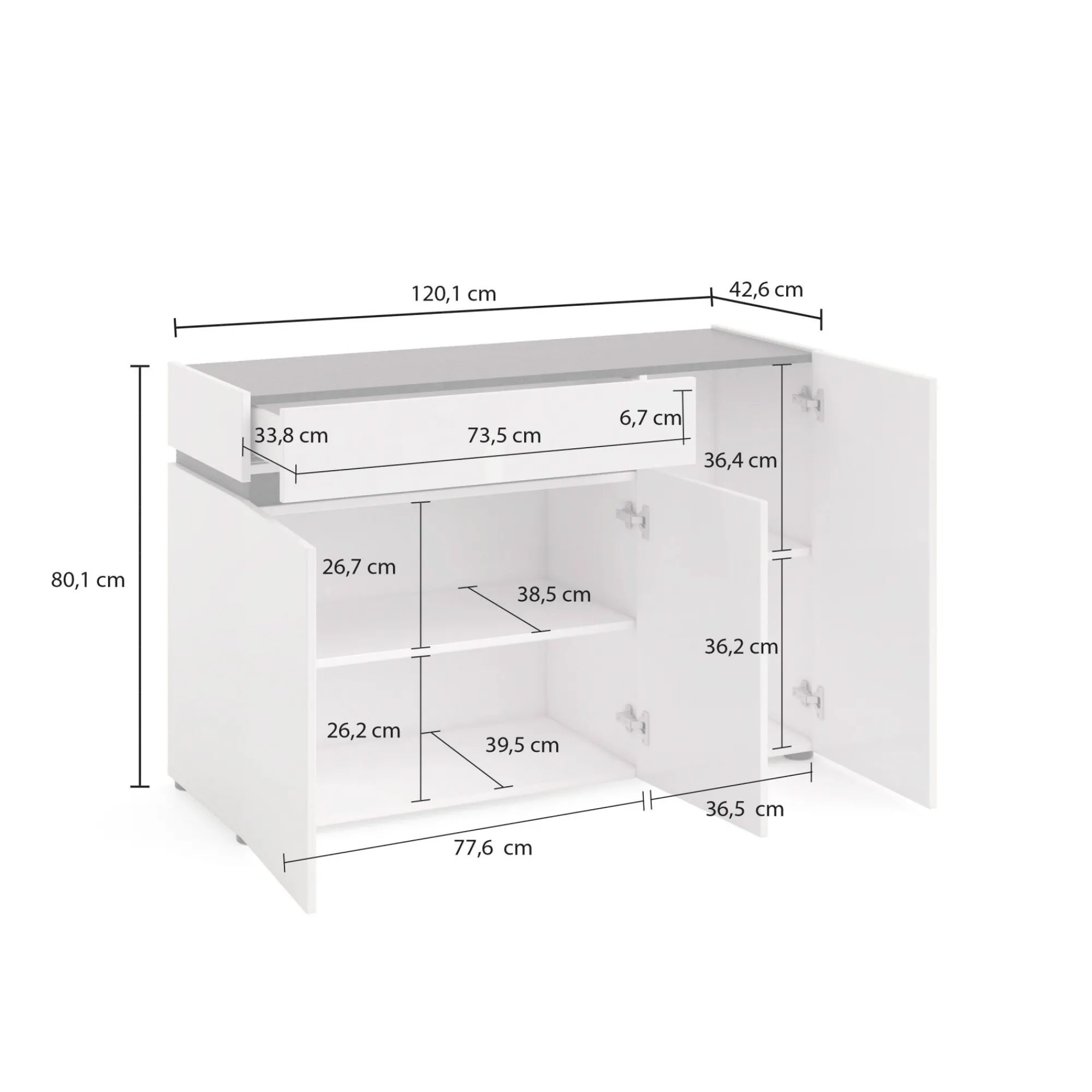 Credenza Bajardo, 120x42h80 cm, Bianco lucido e Antracite<Dmora Fashion