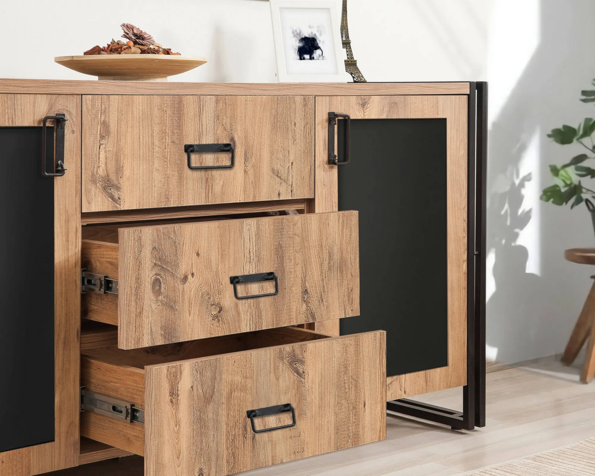 Credenza Baldo, 160x45 h80 cm, Quercia e Nero<Dmora Cheap