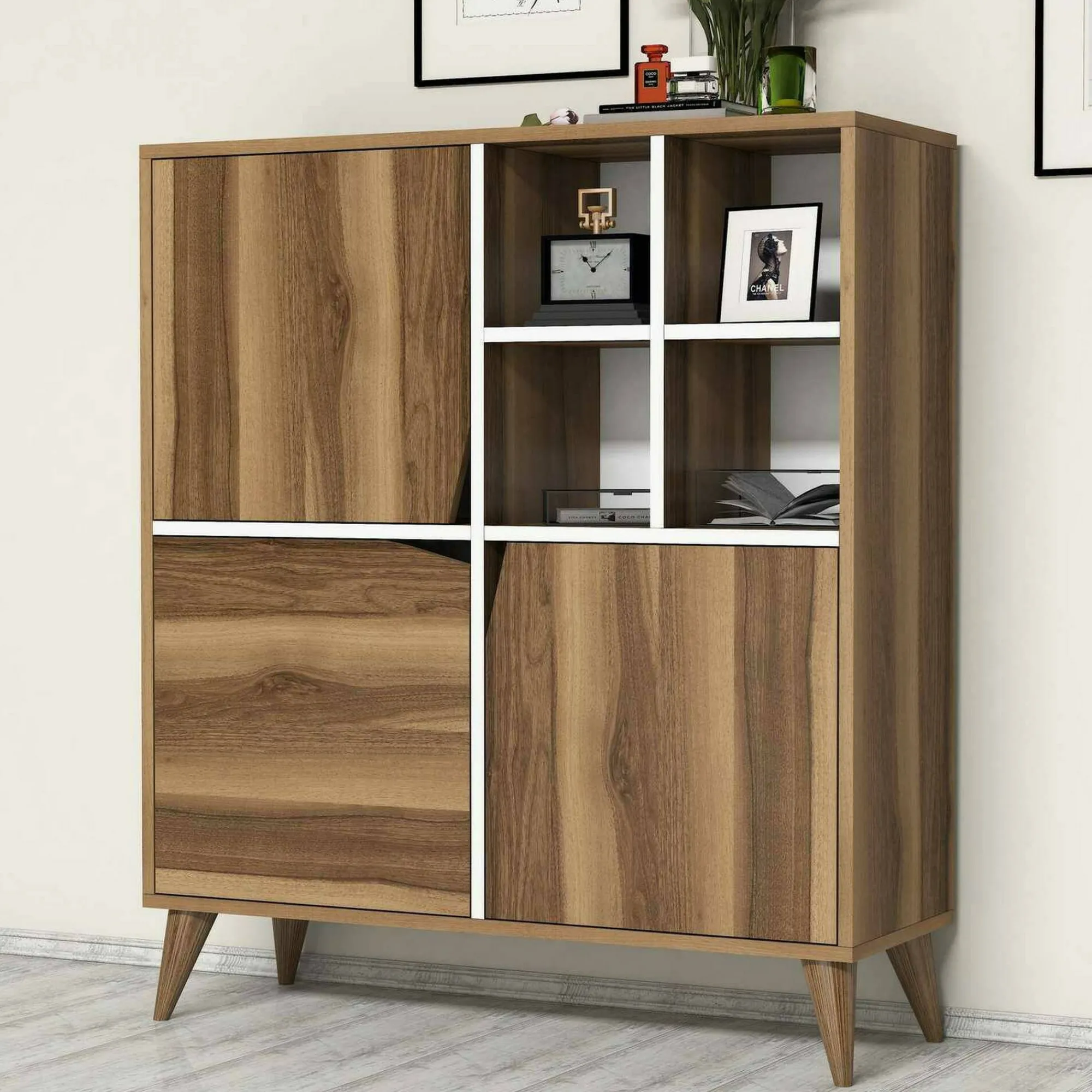Credenza Barasso, 100x30h115 cm, Noce e Bianco<Dmora Online