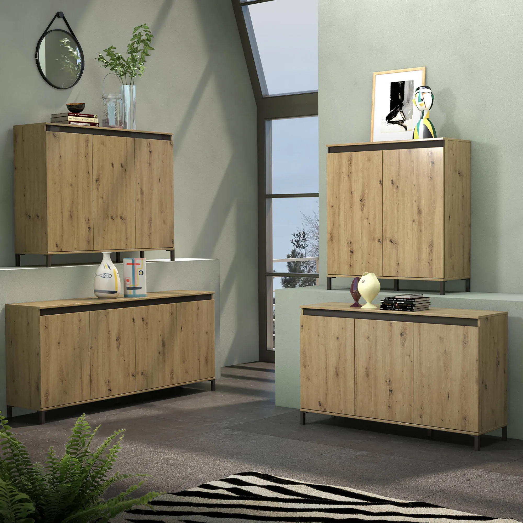 Credenza Basiano, 184x90h40 cm, Bianco lucido e Antracite<Dmora New
