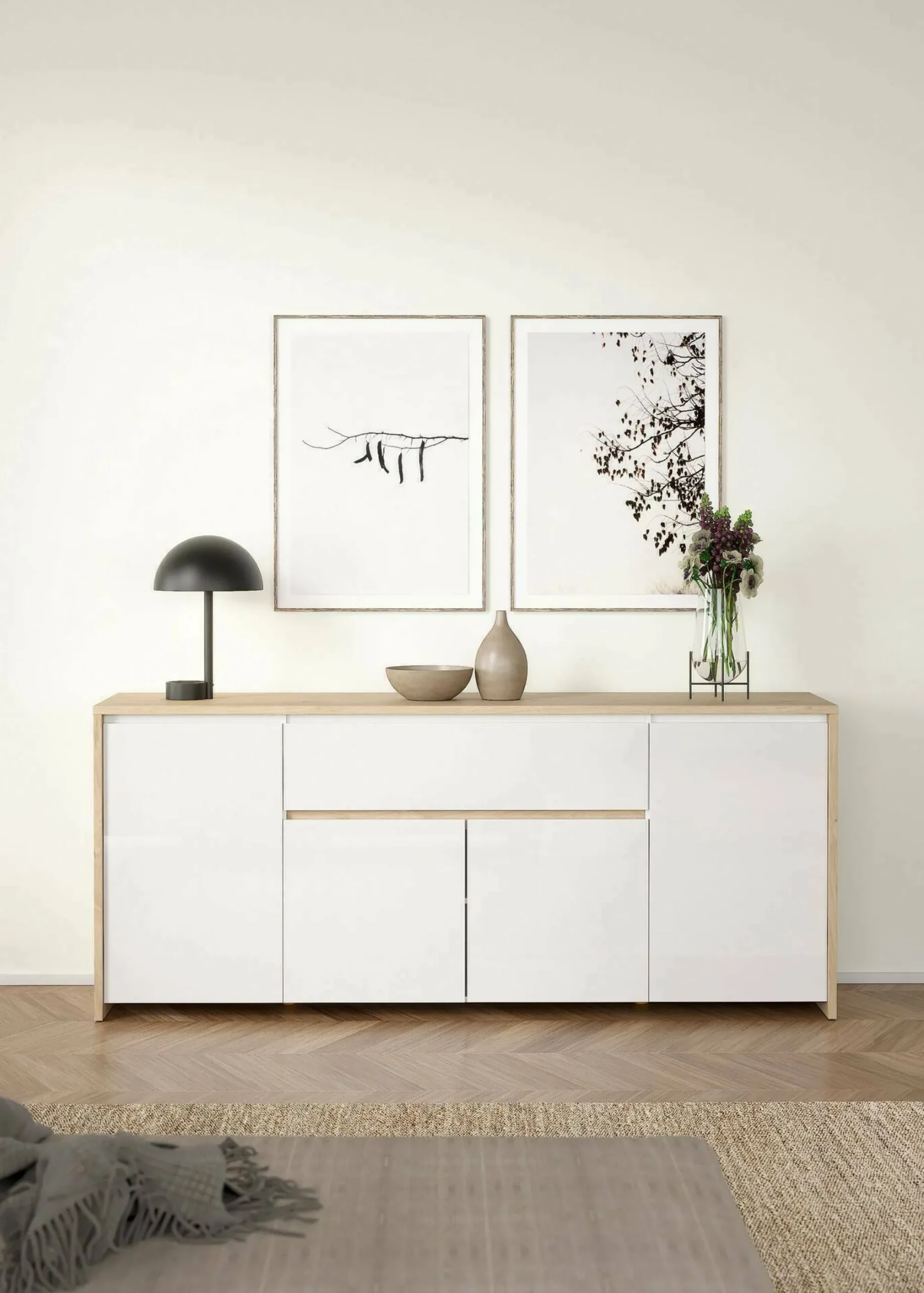 Credenza Basile, 48x197 h84 cm, Rovere e Bianco<Dmora Store