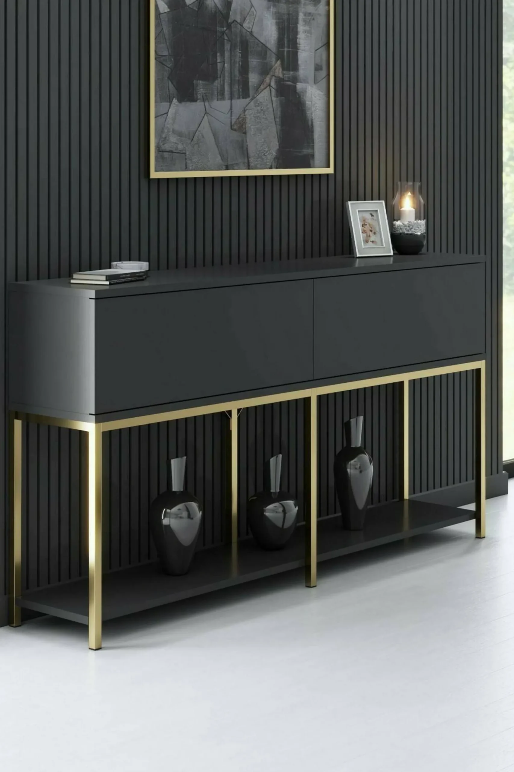 Credenza Basilia, 150x30h80 cm, Antracite e Oro<Dmora Online